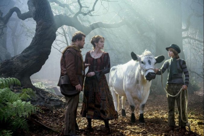 In "Into the Woods," a baker and his wife (James Corden & Emily Blunt) meet up with Jack (Daniel Huttlestone) from jack & the Beanstalk.